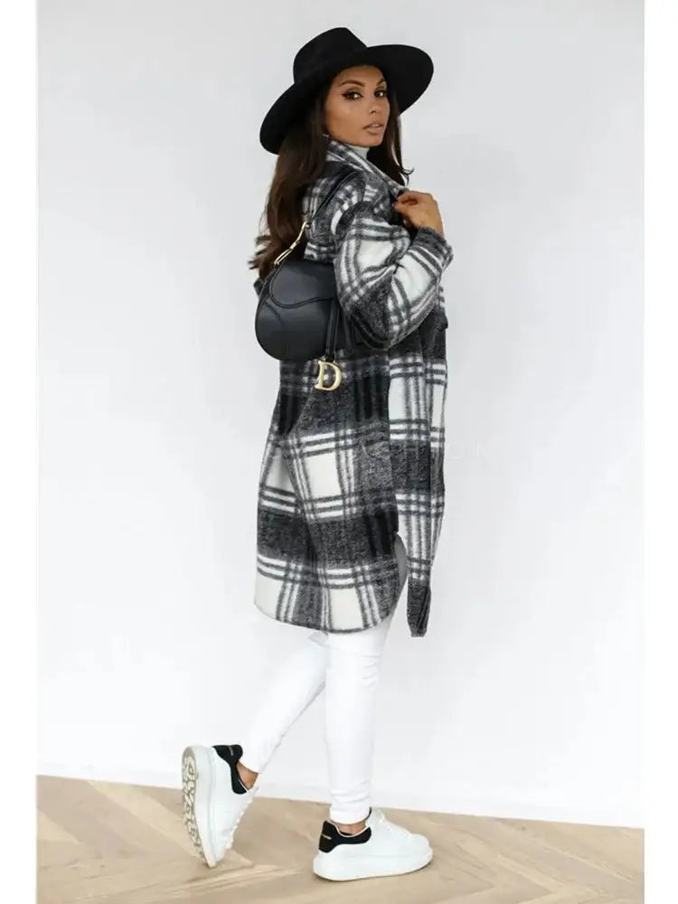 Women's Plaid Printed Long Overcoat Jacket - WanderMart Co.