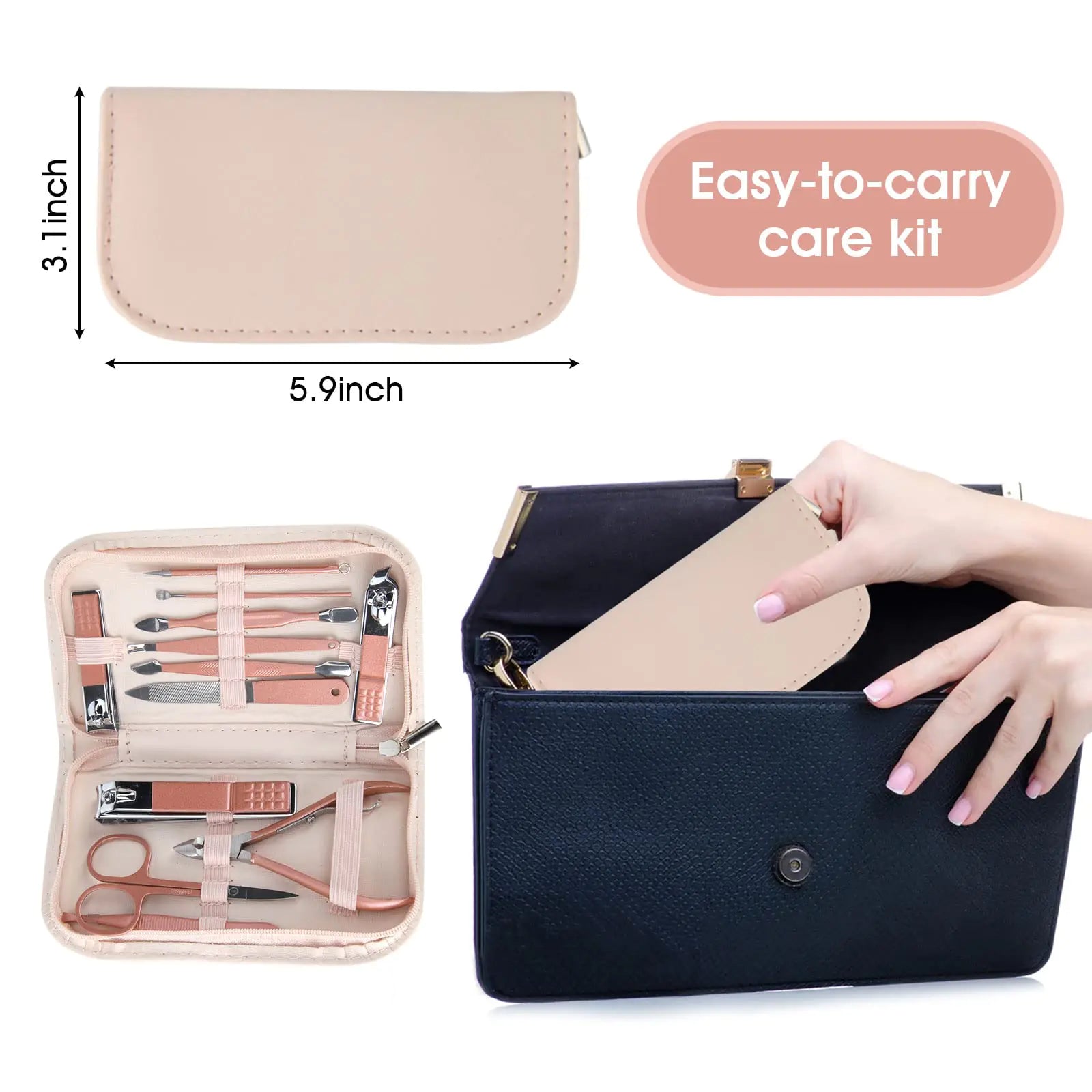 Nail Clippers and Beauty Tool Portable Set, Rose Gold Martensitic Stainless Steel Manicure Set 12 in 1, with Pink Leather Bag, Suitable for Home, Workplace, Outdoor Travel, Gift Giving, Salon. - WanderMart Co.