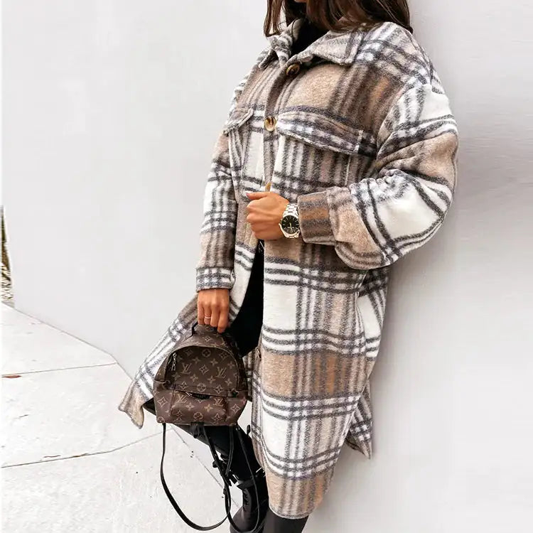 Women's Plaid Printed Long Overcoat Jacket - WanderMart Co.