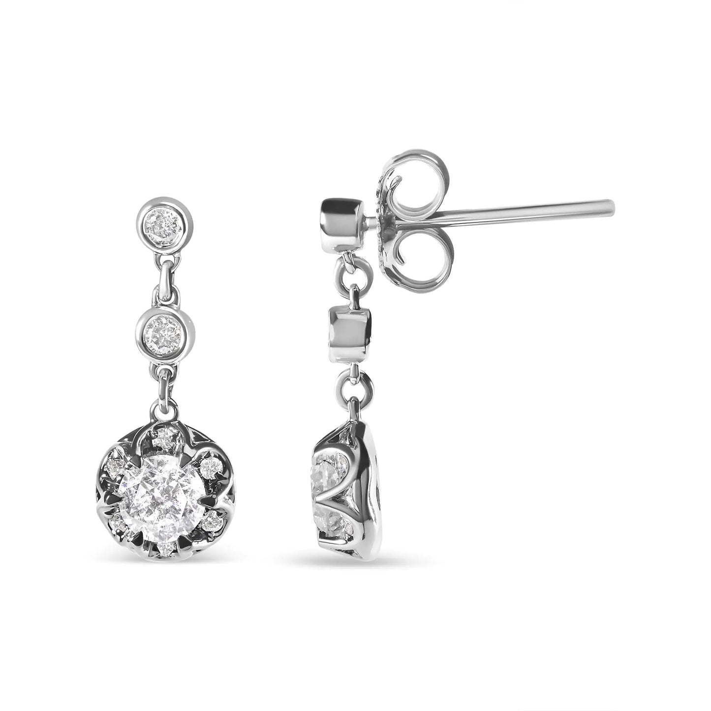 14k White Gold 5/8 Cttw Diamond Halo Drop and Dangle Earrings Stud with Bale (I-J Color, I1-I2 Clarity) - WanderMart Co.