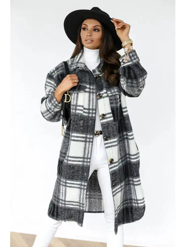 Women's Plaid Printed Long Overcoat Jacket - WanderMart Co.