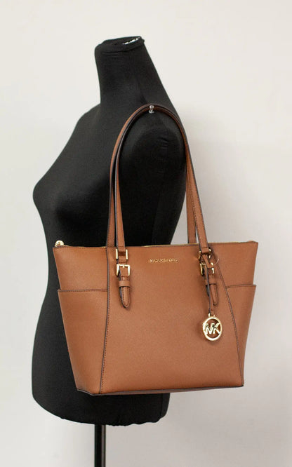 Michael Kors Charlotte Luggage Leather Large Top Zip Tote - WanderMart Co.