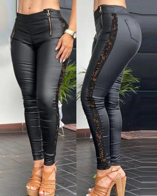 Crochet Lace Leather Skinny Pants - WanderMart Co.