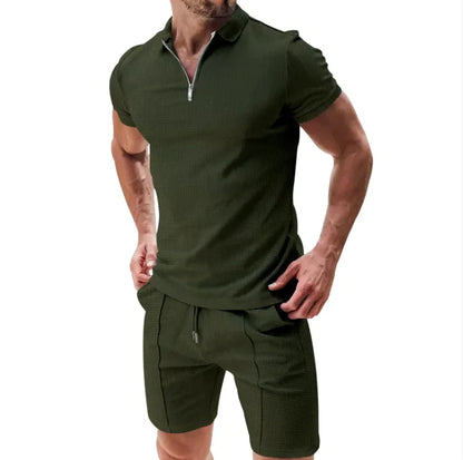 Men's 2-Piece Waffle Zip Polo & Drawstring Shorts Set - WanderMart Co.