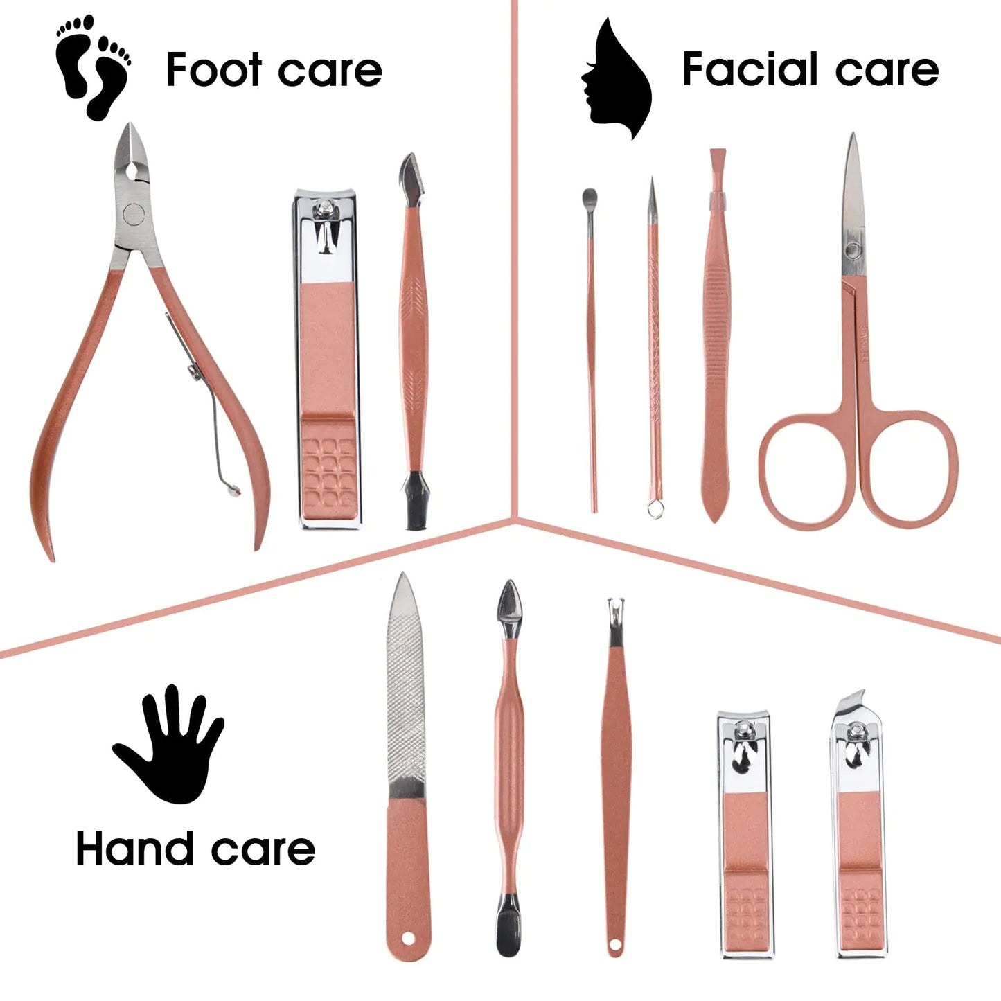 Nail Clippers and Beauty Tool Portable Set, Rose Gold Martensitic Stainless Steel Manicure Set 12 in 1, with Pink Leather Bag, Suitable for Home, Workplace, Outdoor Travel, Gift Giving, Salon. - WanderMart Co.