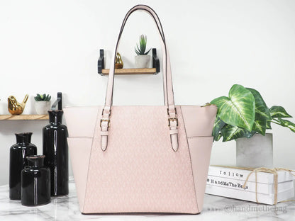 Michael Kors Charlotte Large Dark Powder Blush Signature PVC Top Zip Tote Handbag - WanderMart Co.