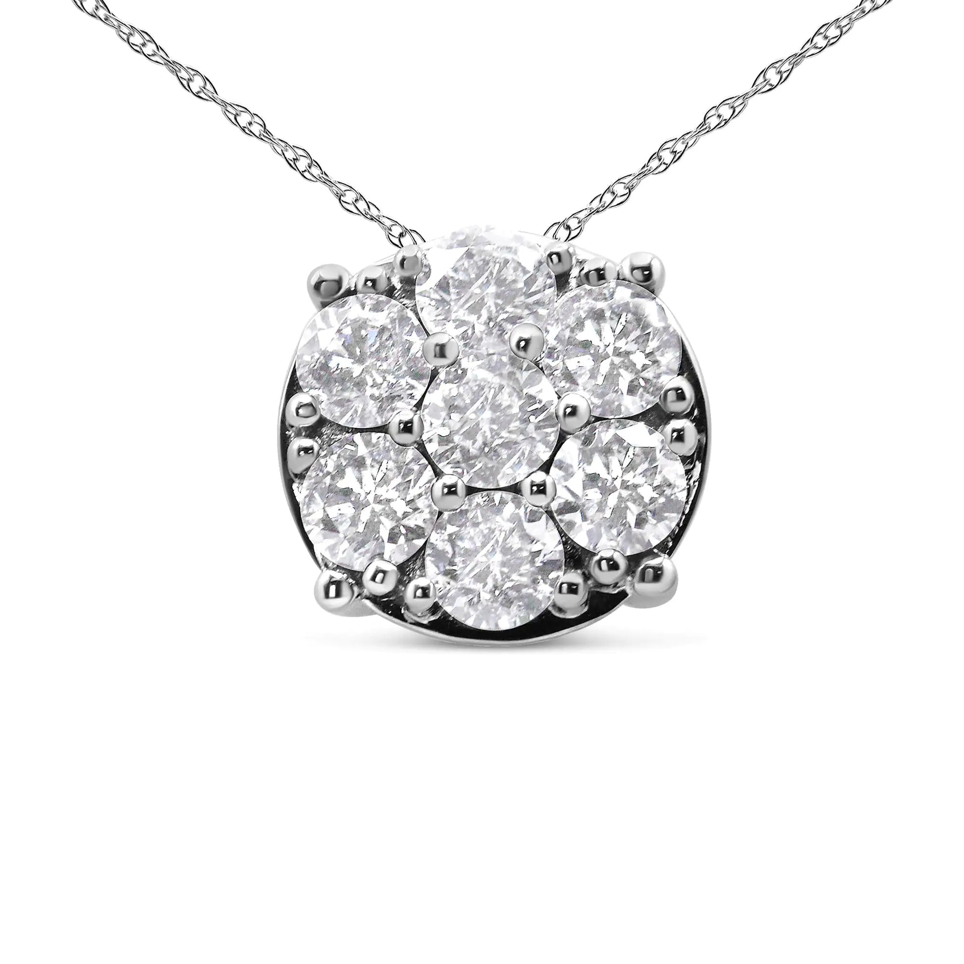 14K White Gold 2 1/3 Cttw Diamond 7 Stone Floral Cluster 18" Pendant Necklace (H-I Color, I1-I2 Clarity) - WanderMart Co.