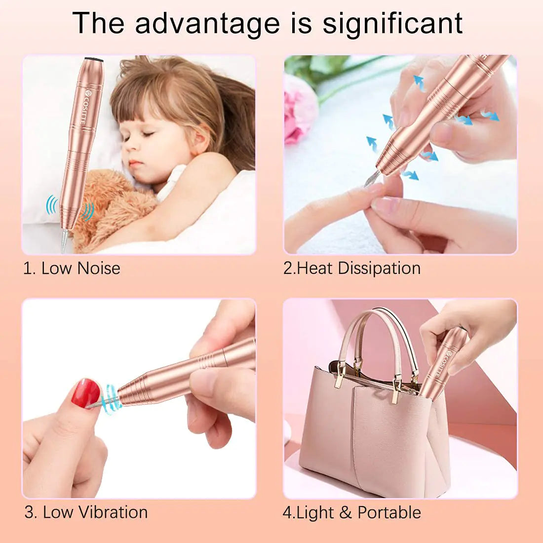 Electric Nail Drill, USB Electric Nail Drill Machine for Acrylic Nails, Portable Electrical Nail File Polishing Tool Manicure Pedicure Efile Nail Supplies for Home and Salon Use, Gold - WanderMart Co.