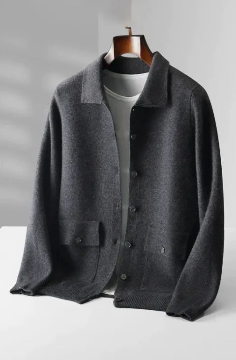 Men's Polo Collar Solid Color Wool Cardigan Autumn Winter Retro Pocket Thick Coat - WanderMart Co.