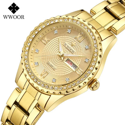 WWOOR Diamond Women's Fashion Dress Gold Quartz Watch - WanderMart Co.