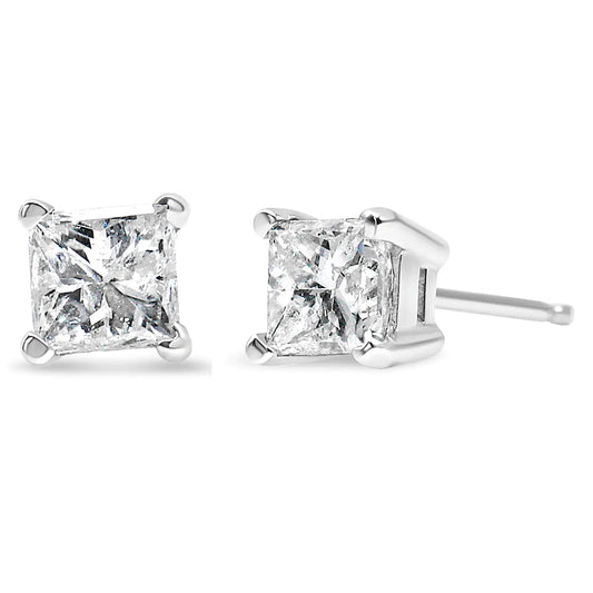 AGS Certified Princess-Cut Square Diamond 4-Prong Solitaire Stud Earrings in 14K Gold (H-I Color, I1-I2 Clarity) - WanderMart Co.