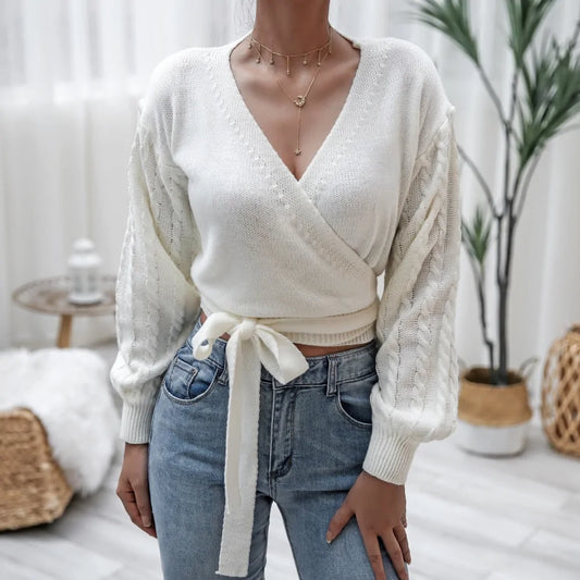 DEWADBOW 2021 Spring Autumn V-Neck Bandage Cross Wrap Women's Knitted Sweaters - WanderMart Co.