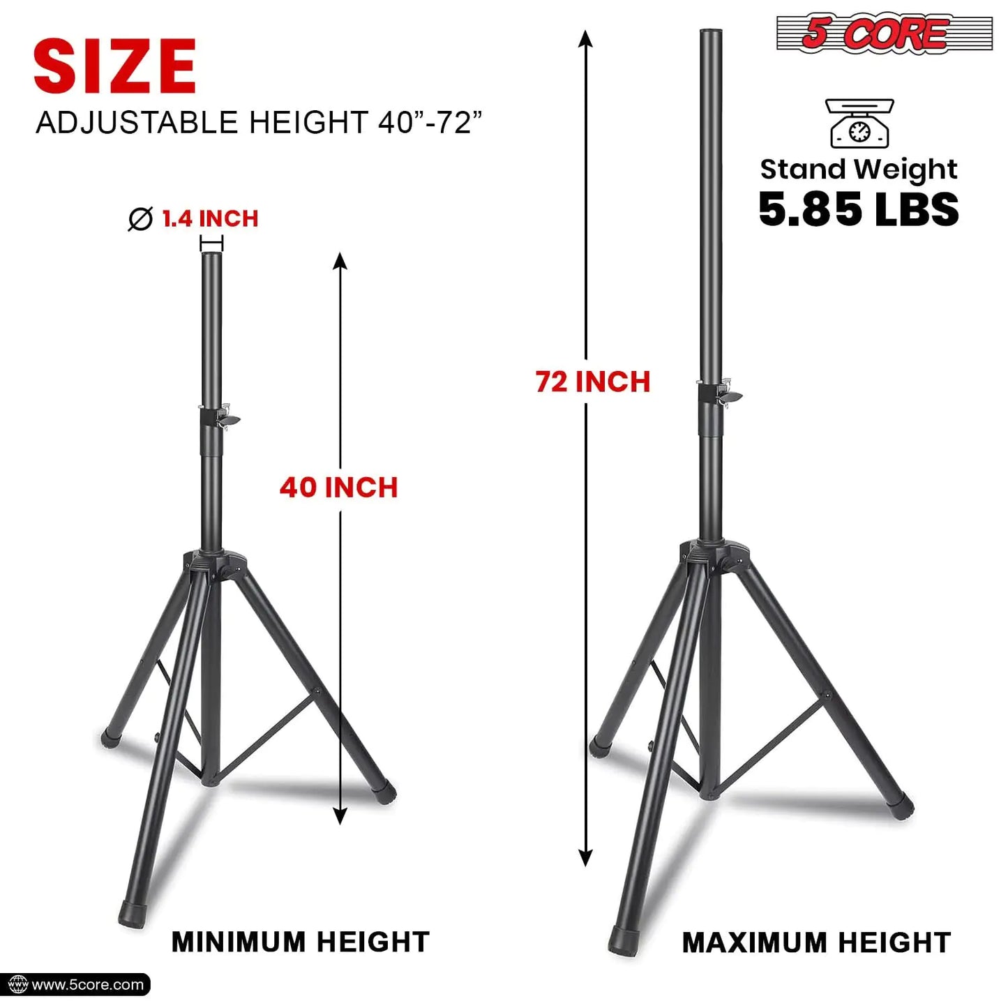 5 Core Speaker Stand Tripod Heavy Duty Adjustable Up to 72 Inch DJ Studio Monitor Stands Pole Mount Black - WanderMart Co.