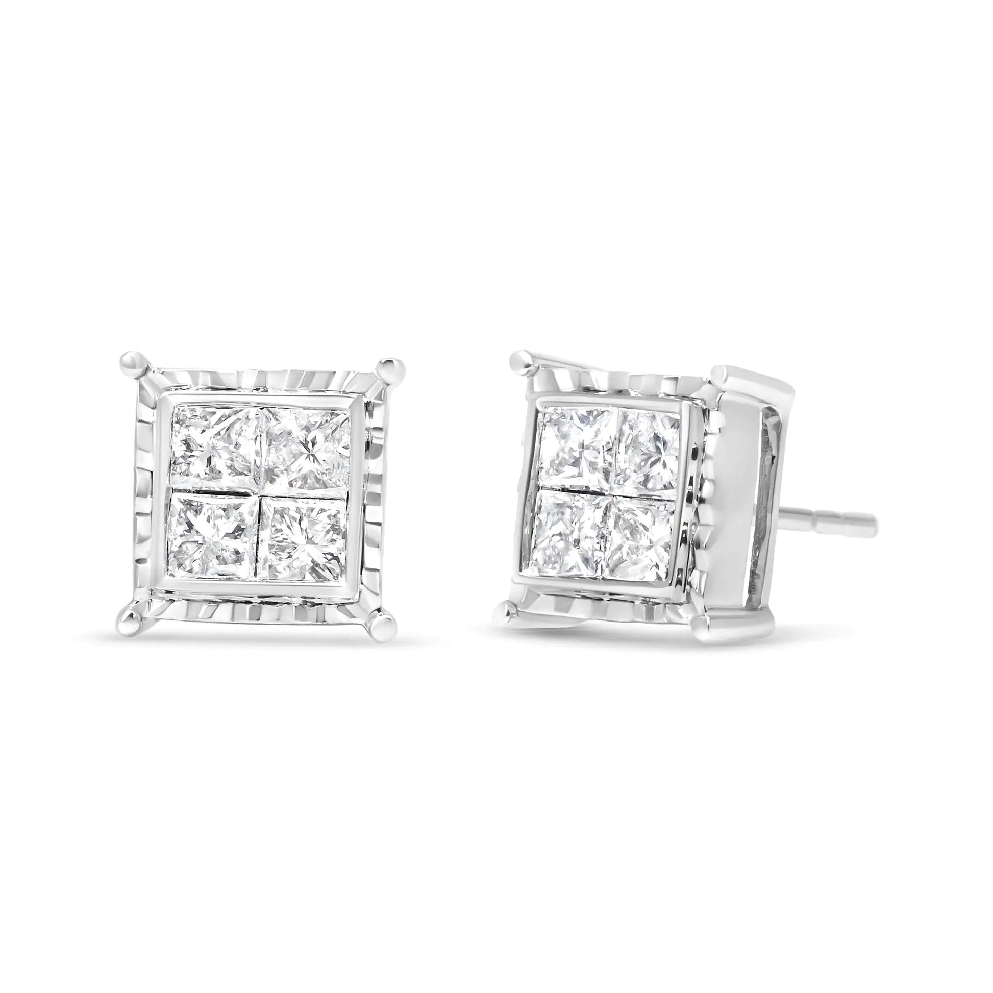 14K White Gold 1 1/2 Cttw Invisible Set Princess-Cut Diamond Contemporary Wavy Quad Stud Earrings (I-J Color, I1-I2 Clarity) - WanderMart Co.