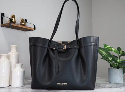 Michael Kors Emilia Large East West Black Pebbled Leather Bucket Tote Handbag - WanderMart Co.