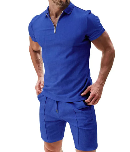 Men's 2-Piece Waffle Zip Polo & Drawstring Shorts Set - WanderMart Co.