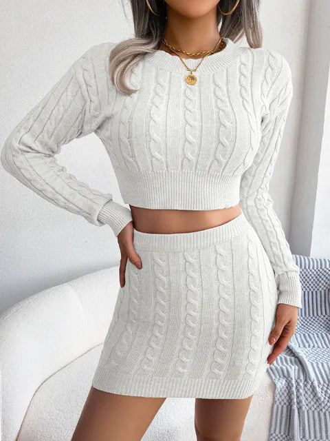 Slim Two Piece Set Twist Sweater Knit Skirt - WanderMart Co.