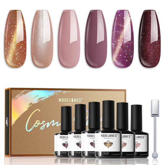 modelones Cat Eye Gel Nail Polish Set 6 Colors, Glitter Nude Shiny Champagne Burgundy Gold Magnetic Effect Sparkle Stunning Home Nail Art Gel Kit Gift A- Cosmo Party - WanderMart Co.