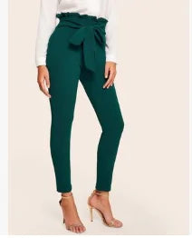 Elegant Frill Trim Bow Belted Detail Solid High Waist Pants - WanderMart Co.