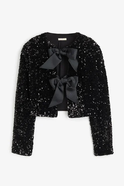 Chic Short Sequin Jacket With Bow - WanderMart Co.