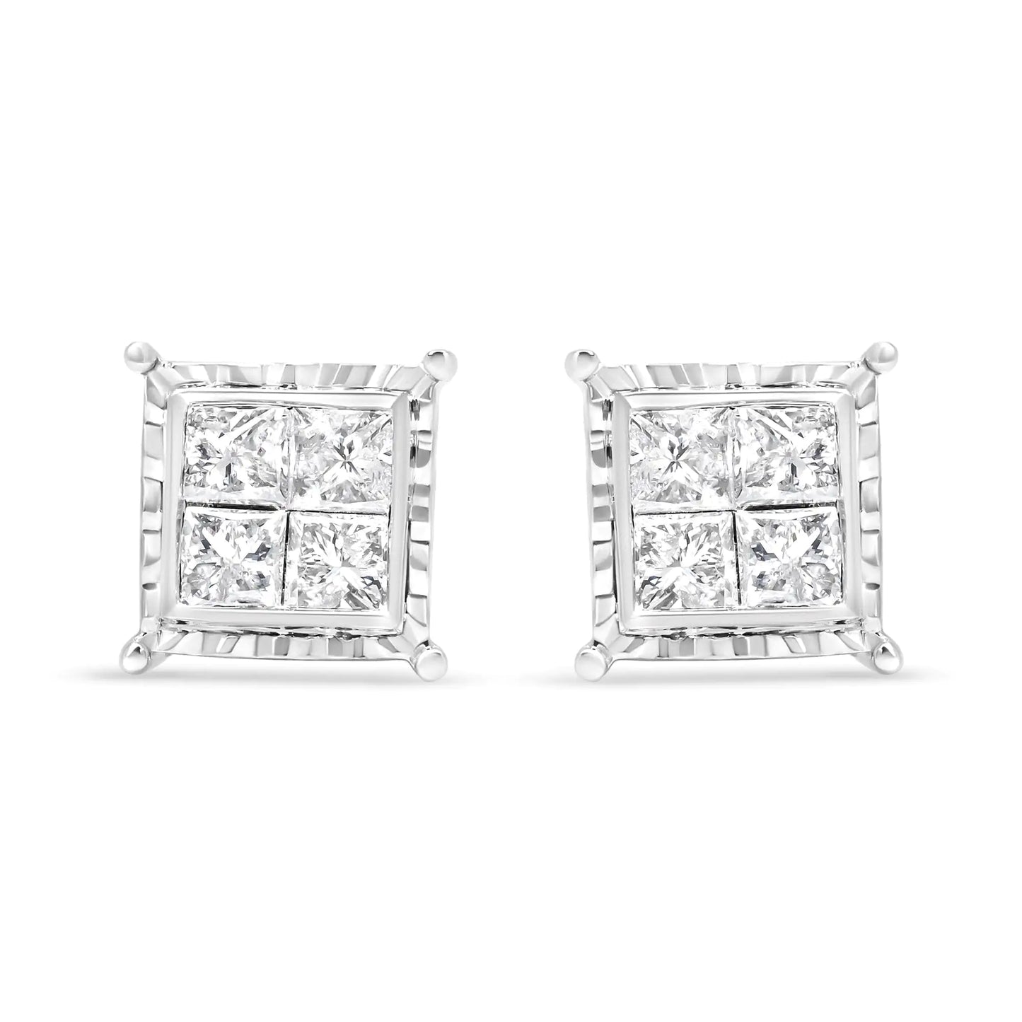 14K White Gold 1 1/2 Cttw Invisible Set Princess-Cut Diamond Contemporary Wavy Quad Stud Earrings (I-J Color, I1-I2 Clarity) - WanderMart Co.