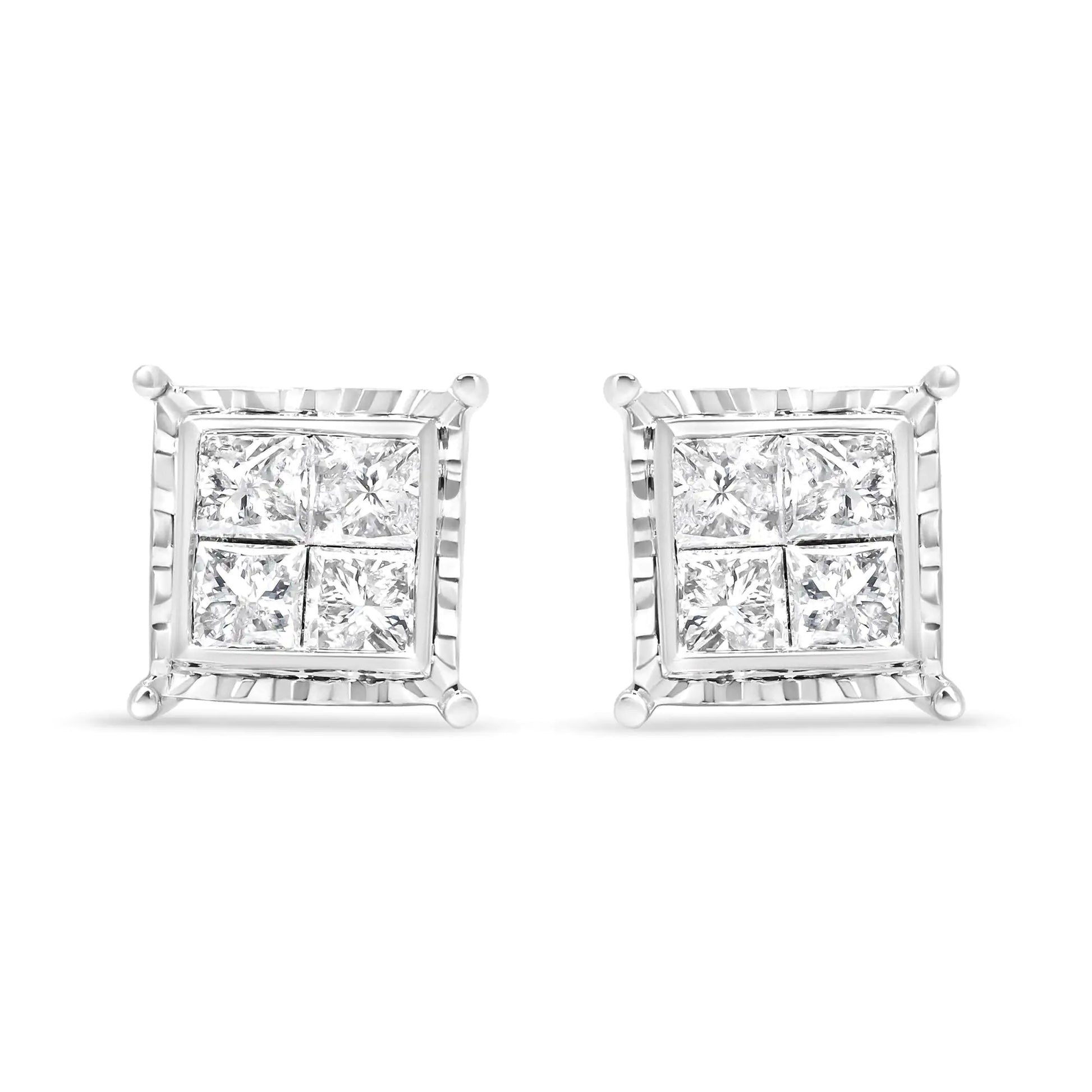 14K White Gold 1 1/2 Cttw Invisible Set Princess-Cut Diamond Contemporary Wavy Quad Stud Earrings (I-J Color, I1-I2 Clarity) - WanderMart Co.