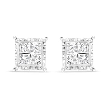 14K White Gold 1 1/2 Cttw Invisible Set Princess-Cut Diamond Contemporary Wavy Quad Stud Earrings (I-J Color, I1-I2 Clarity) - WanderMart Co.