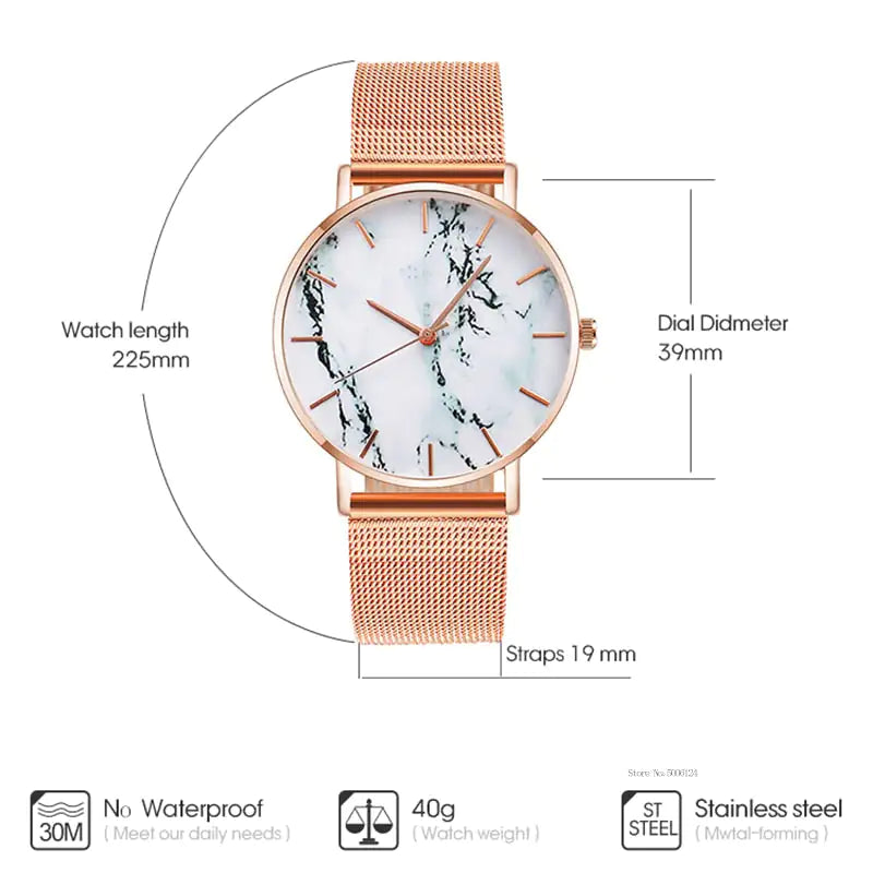 Rose Gold Mesh Band Marble Wrist Watch - WanderMart Co.