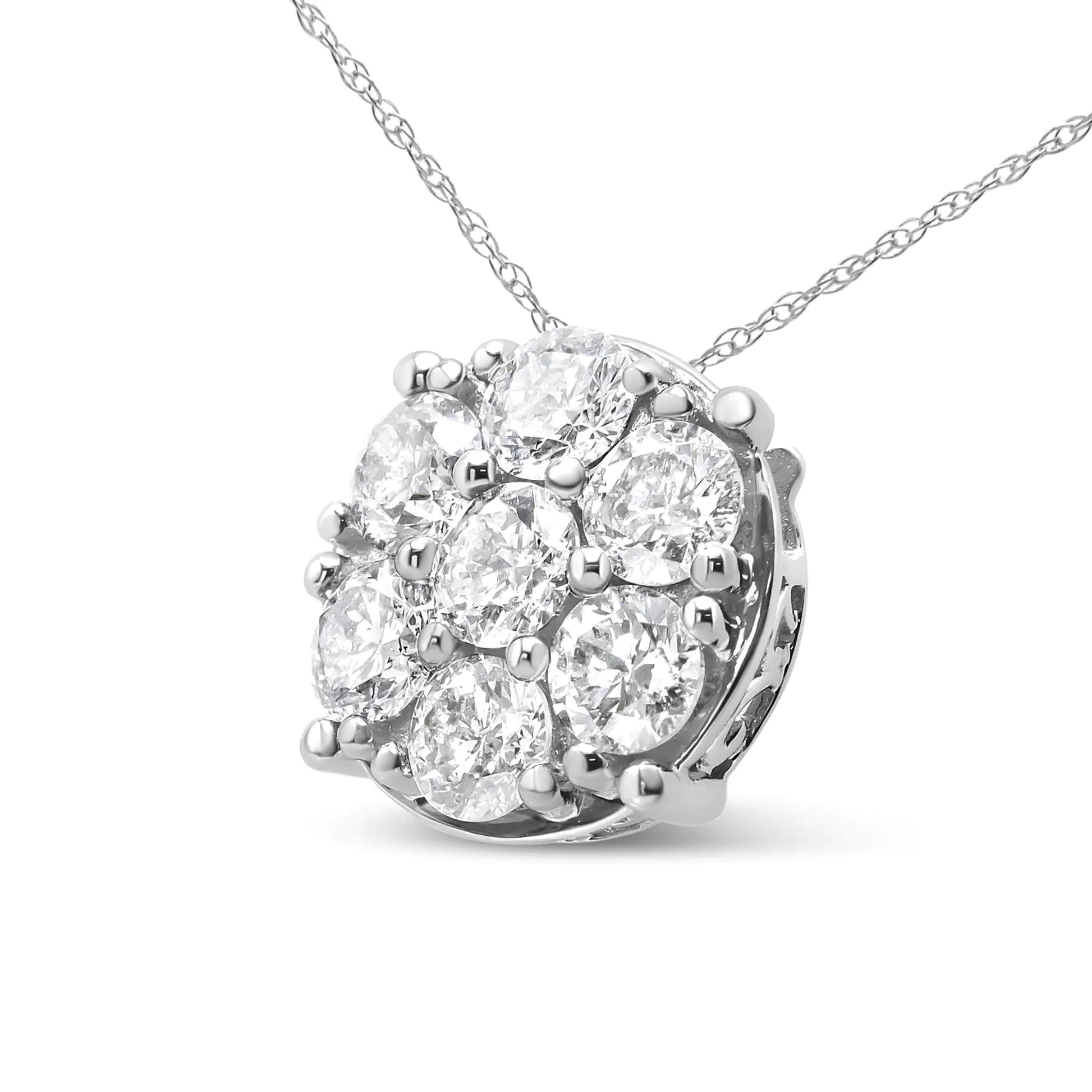 14K White Gold 2 1/3 Cttw Diamond 7 Stone Floral Cluster 18" Pendant Necklace (H-I Color, I1-I2 Clarity) - WanderMart Co.