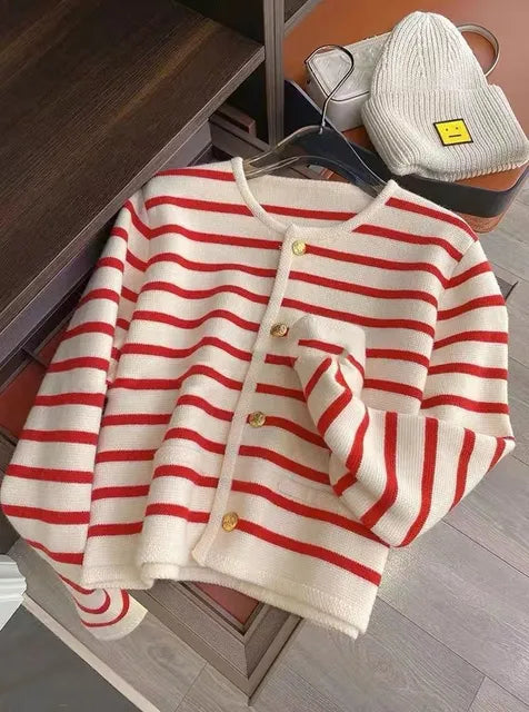 Striped Knitted Sweater Cardigan - WanderMart Co.