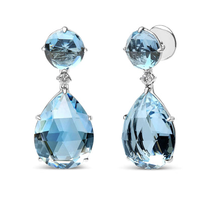 18K White Gold 1/5 Cttw Diamond with Round London Blue Topaz and 20 x 15mm Pear Cut Sky Blue Topaz Gemstone Dangle Earring (G-H Color, SI1-SI2 Clarity) - WanderMart Co.