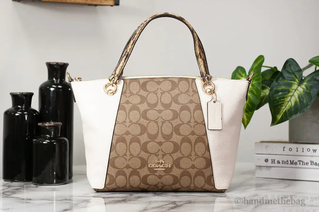 Coach (C7261) Kacey Khaki Chalk Blocked Canvas Top Zip Satchel Crossbody Handbag - WanderMart Co.