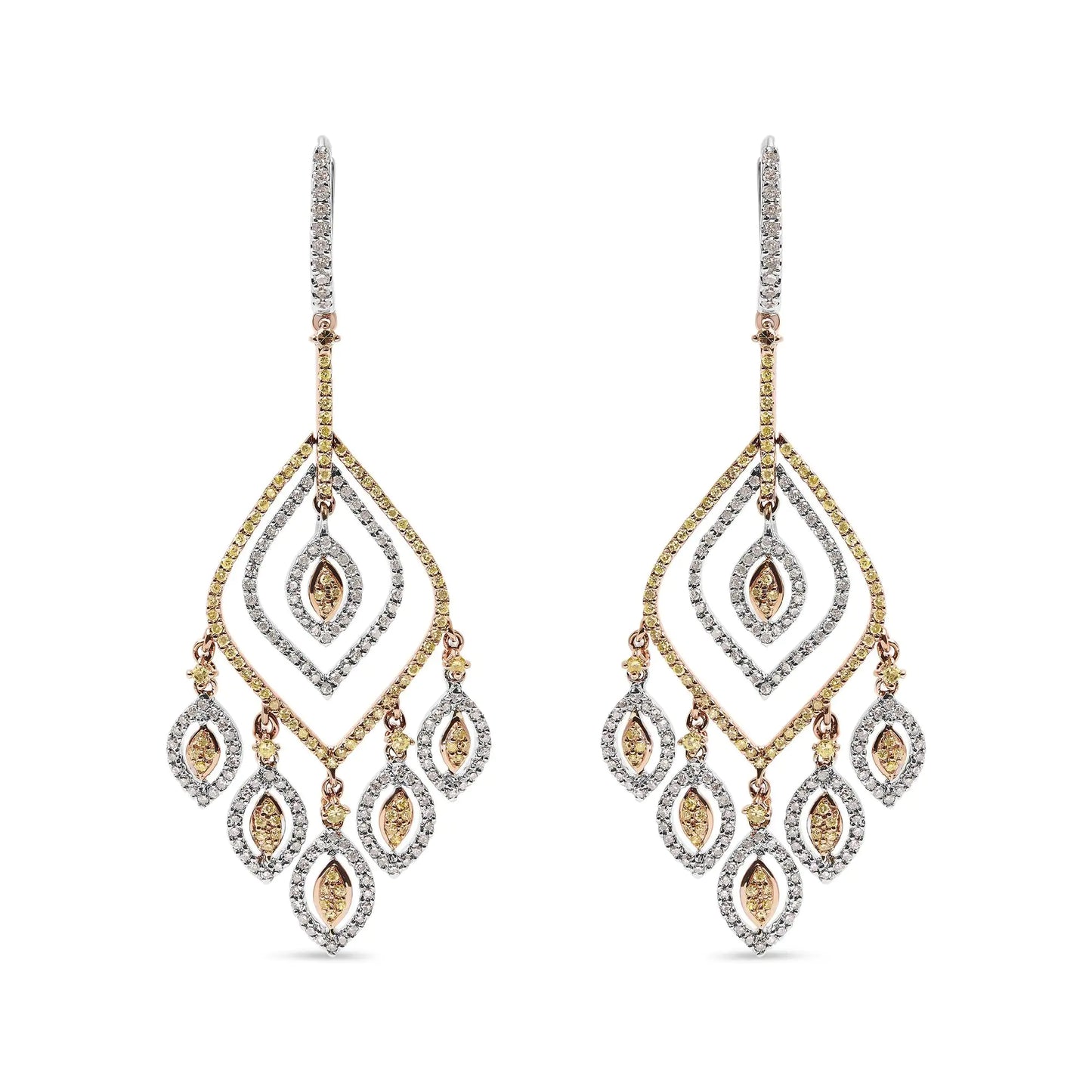 14K White and Rose Gold 2 1/2 Cttw Diamond Curved Rhombus Shape Drop and Chandelier Style Dangle Earring (J-K Color, I2-I3 Clarity) - WanderMart Co.