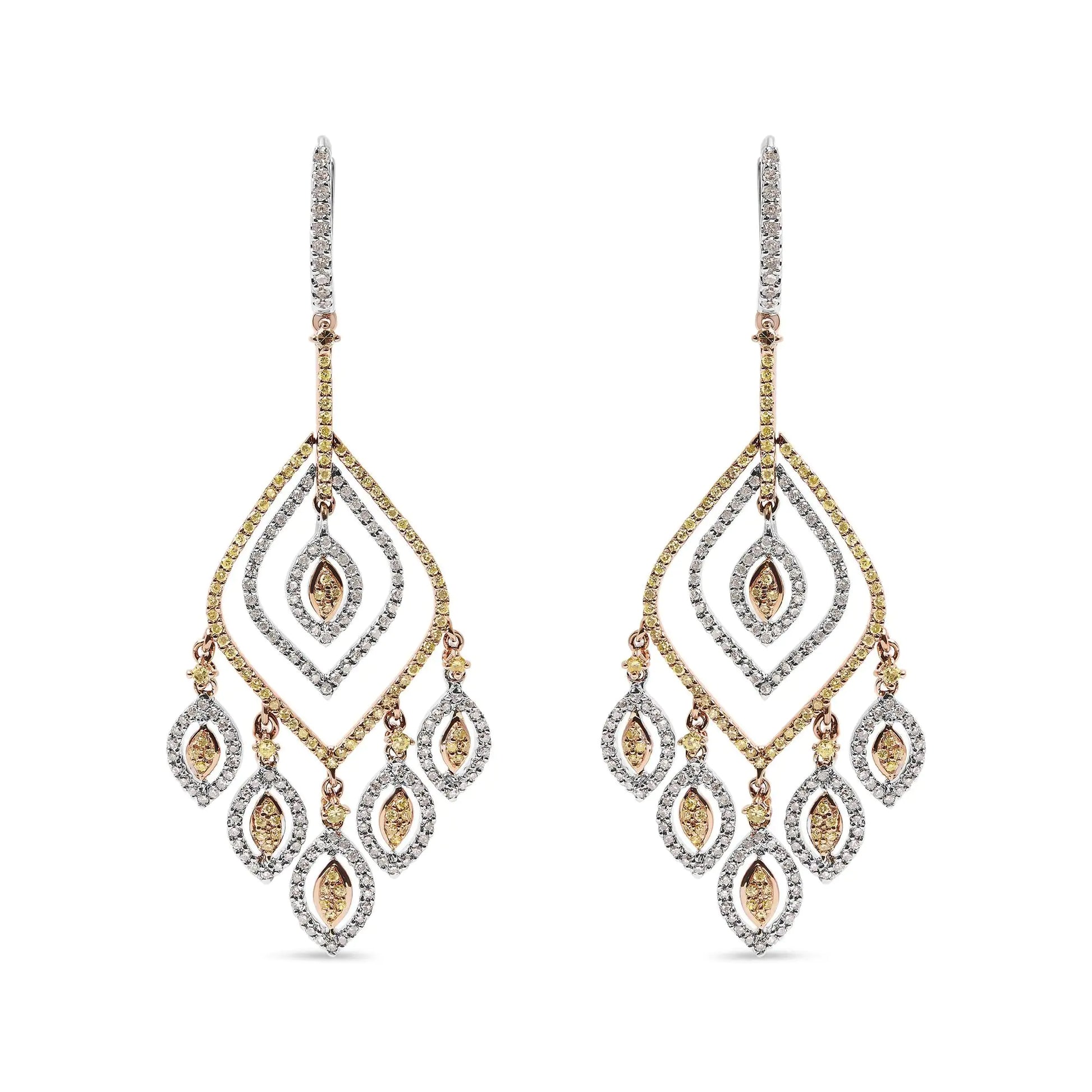 14K White and Rose Gold 2 1/2 Cttw Diamond Curved Rhombus Shape Drop and Chandelier Style Dangle Earring (J-K Color, I2-I3 Clarity) - WanderMart Co.