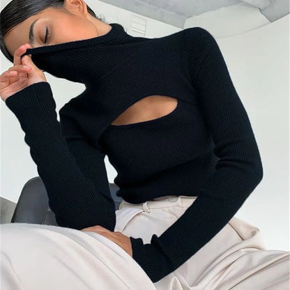 Black T Shirts Knitted Long Sleeve Crop Top - WanderMart Co.