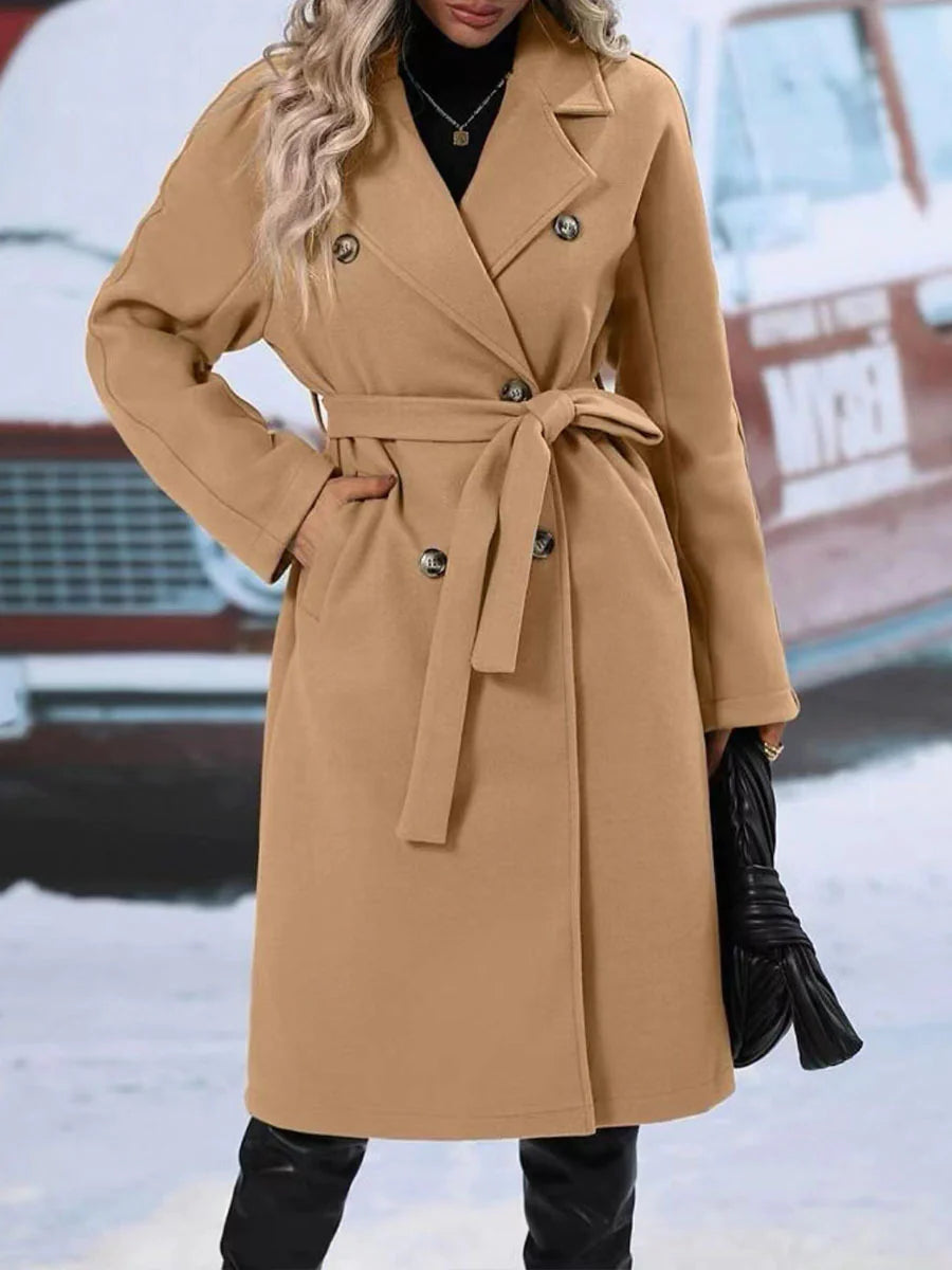 Women's Double-Breasted Trench Coat with Polo Collar and Lace-Up Belt: Thickened Solid Color Design - WanderMart Co.