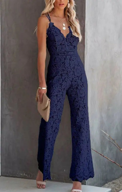 Women's Casual Lace Sleeve Solid Skinny Jumpsuit - WanderMart Co.