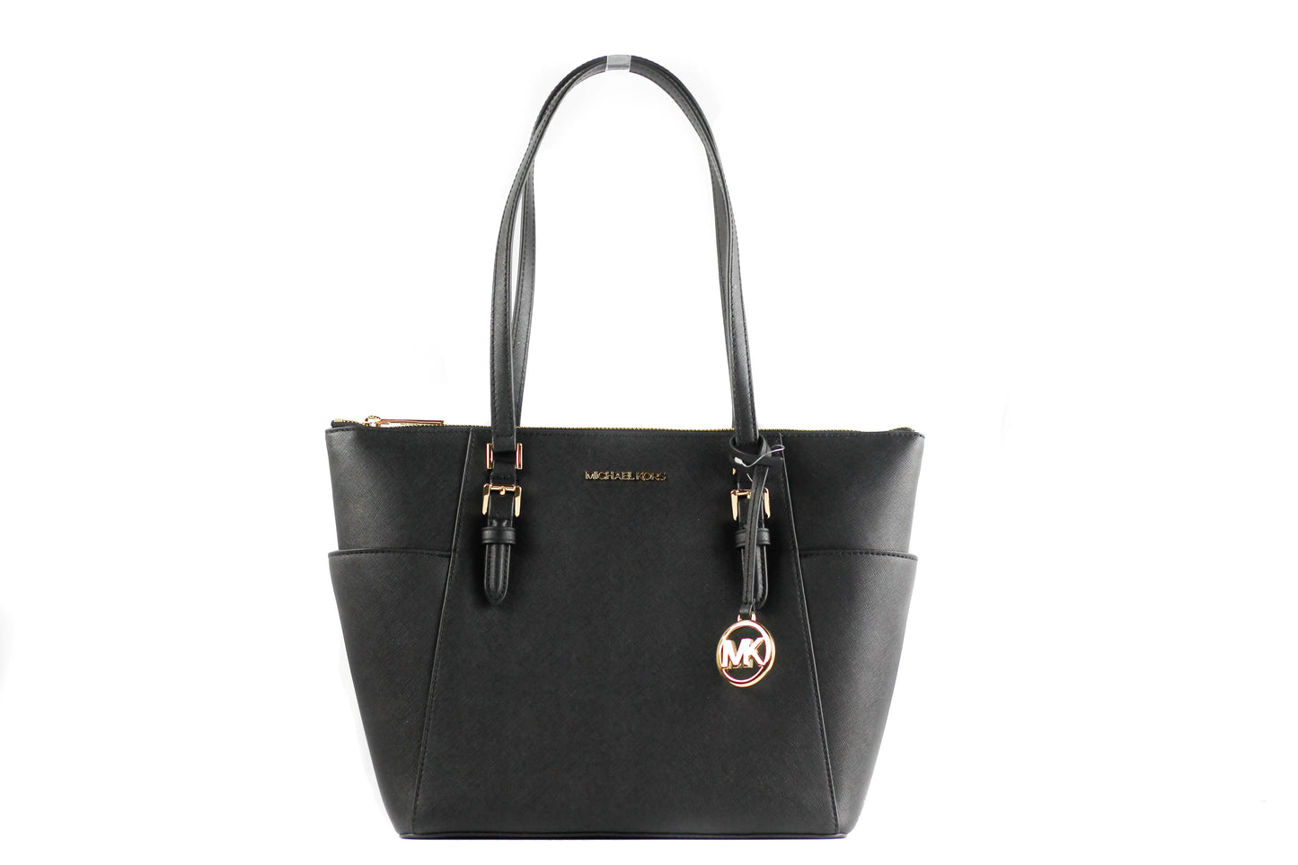 Michael Kors Charlotte Solid Black Leather Large Top Zip Tote Handbag Bag Purse - WanderMart Co.