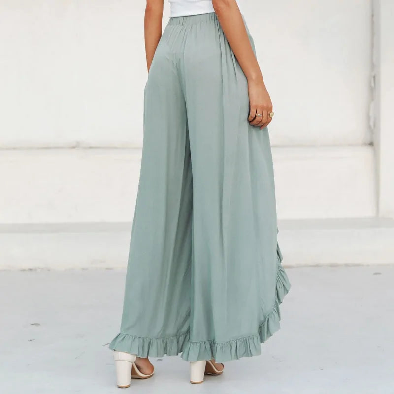 Vintage Green Ruffles High Waisted Wide Leg Pants - WanderMart Co.