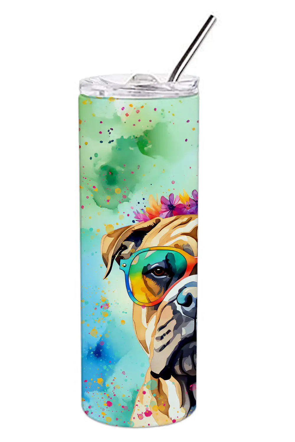 Bullmastiff Hippie Dawg Stainless Steel Skinny Tumbler - WanderMart Co.