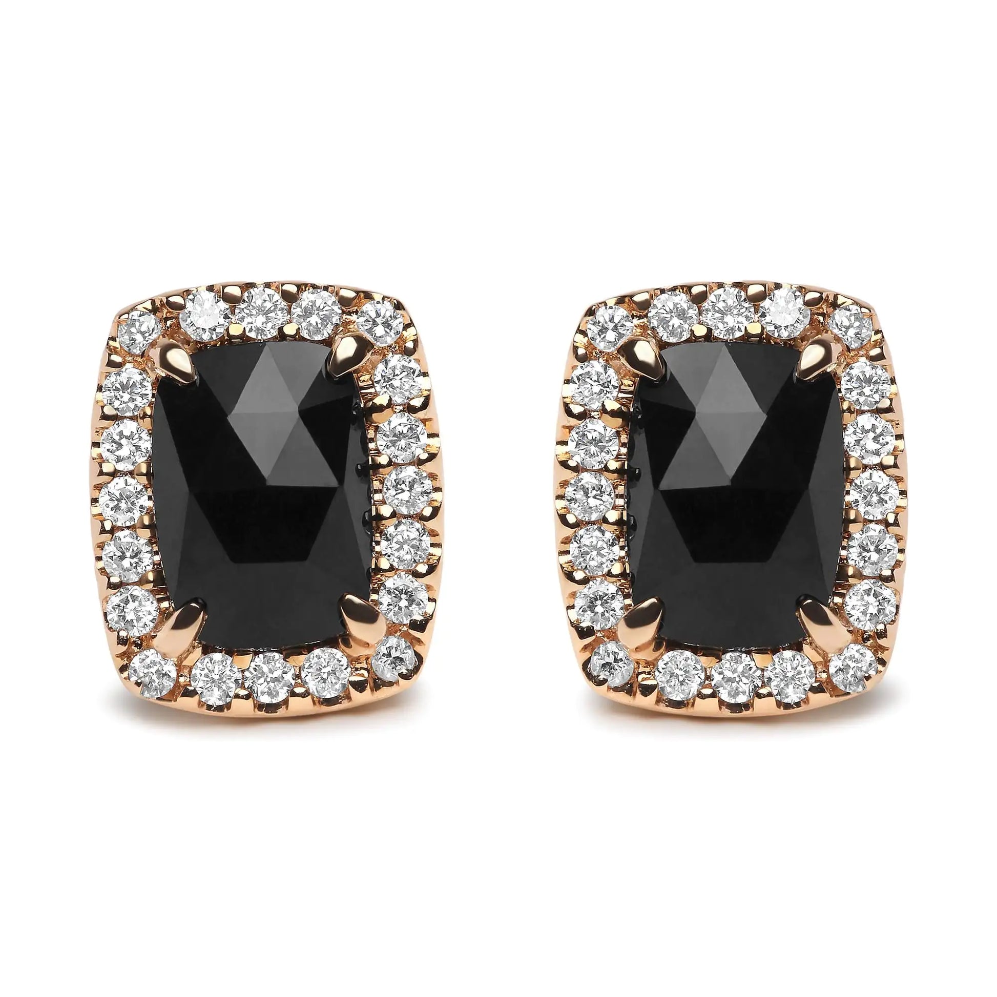 18K Rose and White Gold 1/4 Cttw Round Diamond and 8x6mm Cushion Cut Black Onyx Gemstone Halo Stud Earrings (G-H Color, SI1-SI2 Clarity) - WanderMart Co.