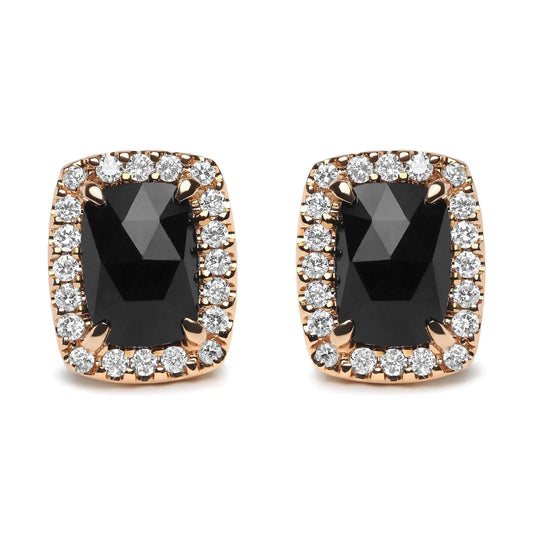 18K Rose and White Gold 1/4 Cttw Round Diamond and 8x6mm Cushion Cut Black Onyx Gemstone Halo Stud Earrings (G-H Color, SI1-SI2 Clarity) - WanderMart Co.