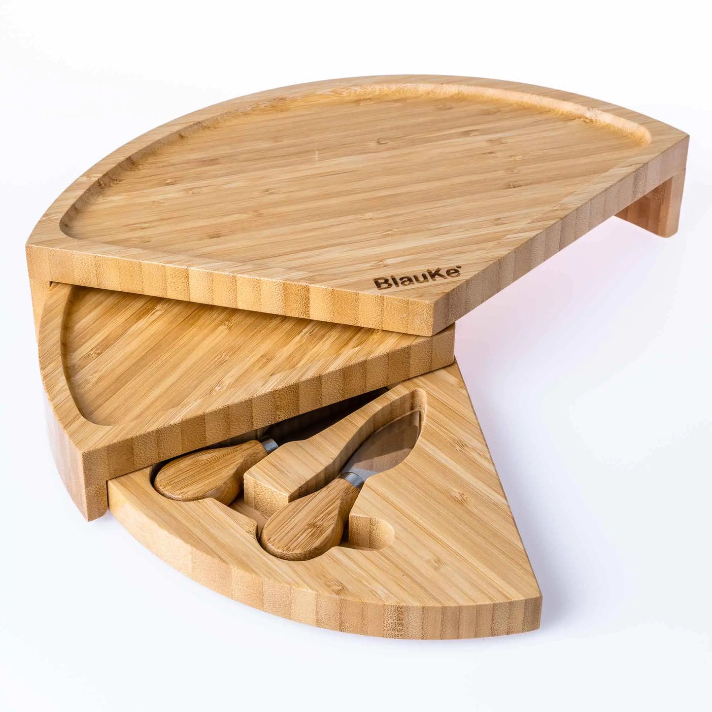 Bamboo Cheese Board and Knife Set - 14 Inch Swiveling Charcuterie Board with Slide-Out Drawer - Cheese Serving Platter, Round Serving Tray - WanderMart Co.