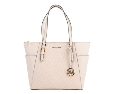 Michael Kors Charlotte Large Dark Powder Blush Signature PVC Top Zip Tote Handbag - WanderMart Co.