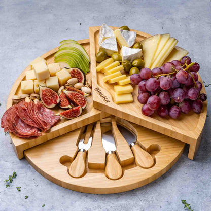 Bamboo Cheese Board and Knife Set - 14 Inch Swiveling Charcuterie Board with Slide-Out Drawer - Cheese Serving Platter, Round Serving Tray - WanderMart Co.