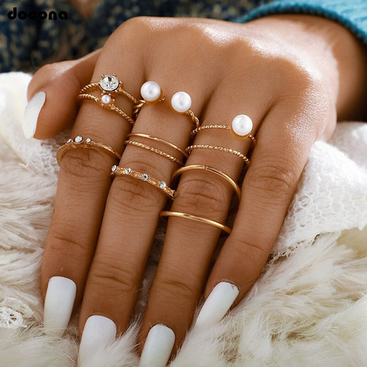 Gold Geometric Ring Set with Pearls and Crystals - WanderMart Co.