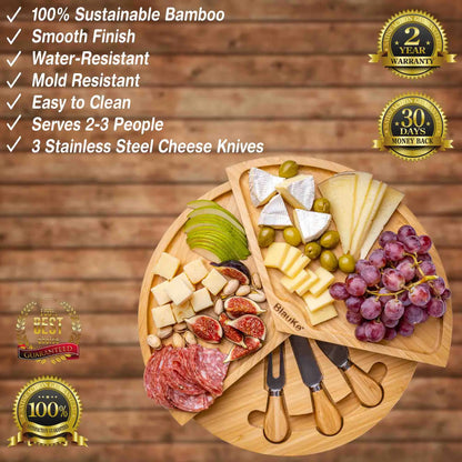 Bamboo Cheese Board and Knife Set - 14 Inch Swiveling Charcuterie Board with Slide-Out Drawer - Cheese Serving Platter, Round Serving Tray - WanderMart Co.