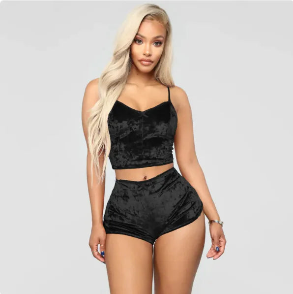 Hollow Sexy Slim Velvet Lace Two-Piece Suit - WanderMart Co.