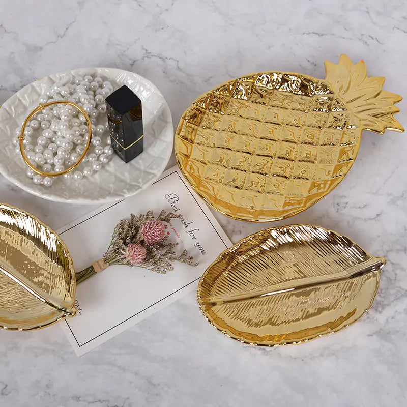 Nordic Ins Gold Leaf Ceramic Storage Tray - WanderMart Co.