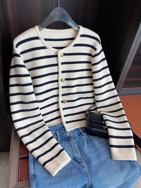 Striped Knitted Sweater Cardigan - WanderMart Co.